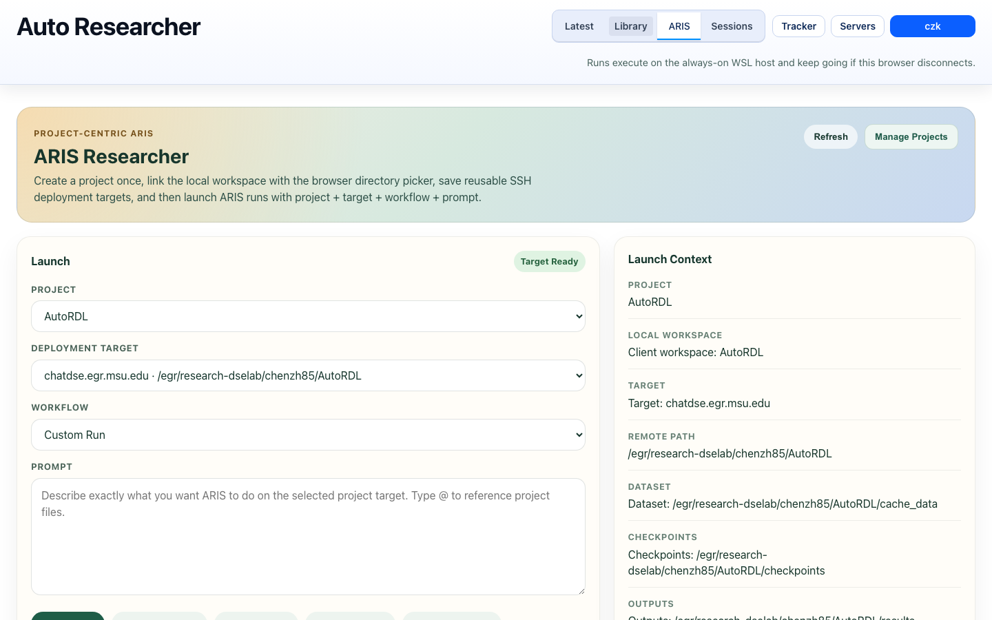 ARIS autonomous research workspace with project launcher