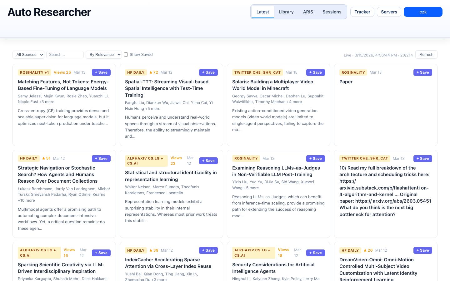 Latest paper feed with personalized recommendations from multiple sources