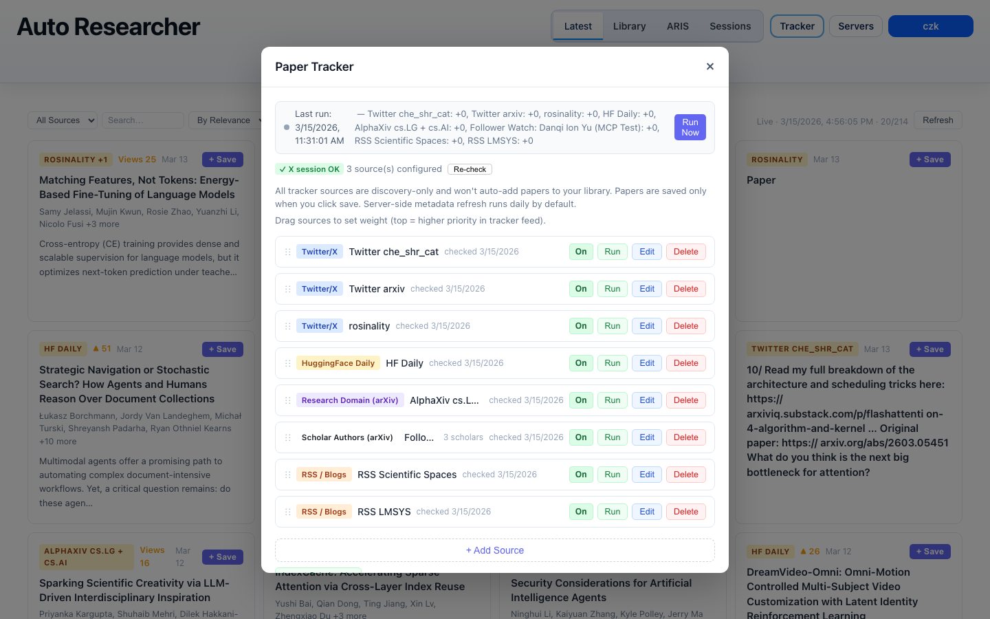 Tracker admin panel showing configured paper sources